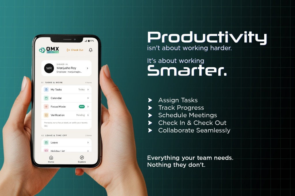 OMX Teams mobile app — assign tasks, track progress, schedule meetings, and check in from one place